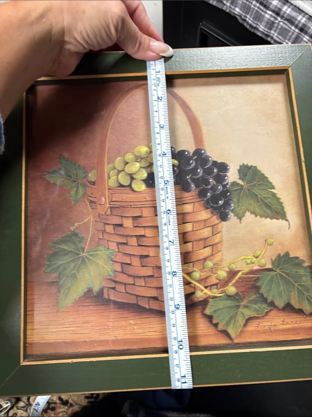 Framed Green-Bordered Basket of Grapes Wall Art signed